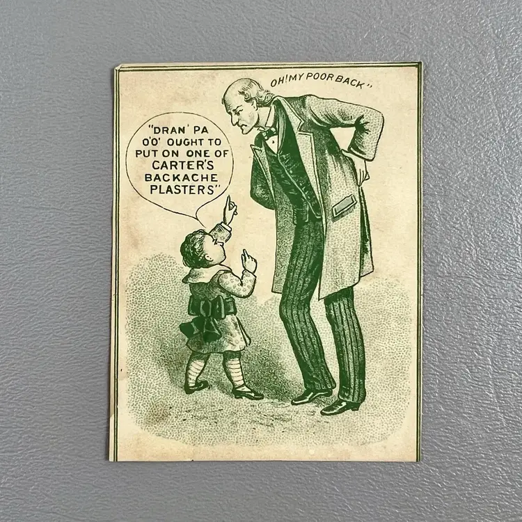 Victorian Trade Card Carter Medicine Co New York Weed & Belladonna My Poor Back 3x2.75"