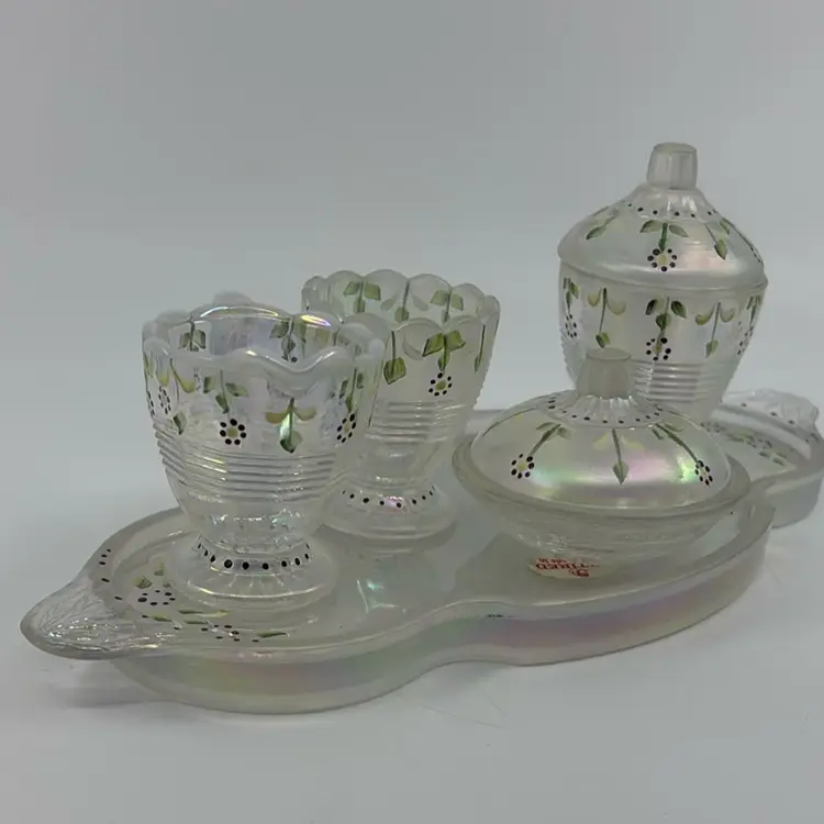 Hard To Find Vintage Fenton Opalescent Hand Painted English Daisy Mini Tea Set Signed 10”