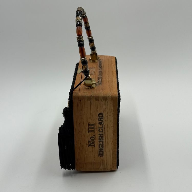 Cigar Box Purse Wooden With Camel Tapestry Fabric Tassel Beaded Handle & Inside Mirror