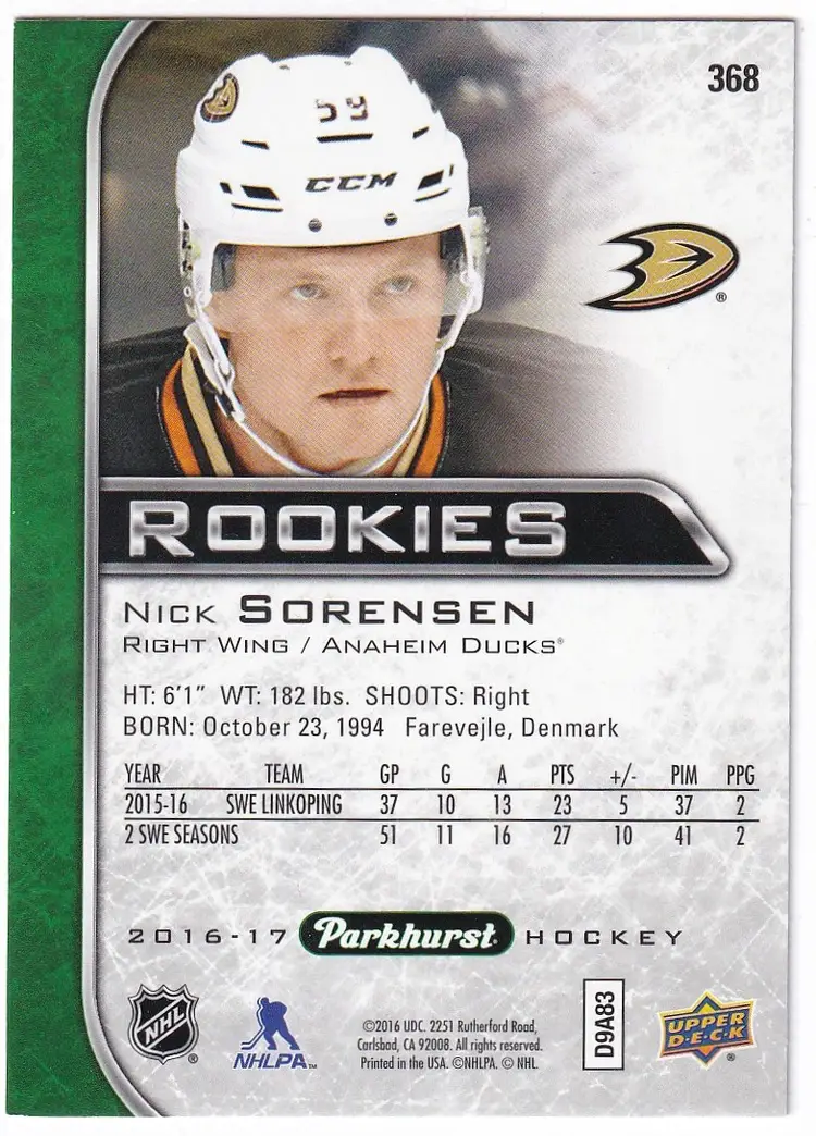 2016-17 Parkhurst #368 Nick Sorensen RC Anaheim Ducks Hockey Card