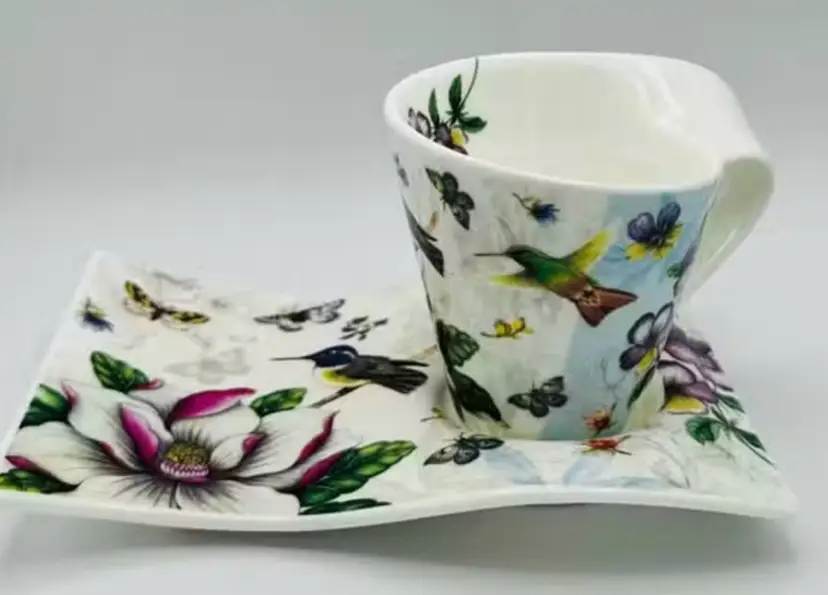 Adeline Fine Porcelain Hummingbird Cup & Saucer Set | Floral Bird Motif