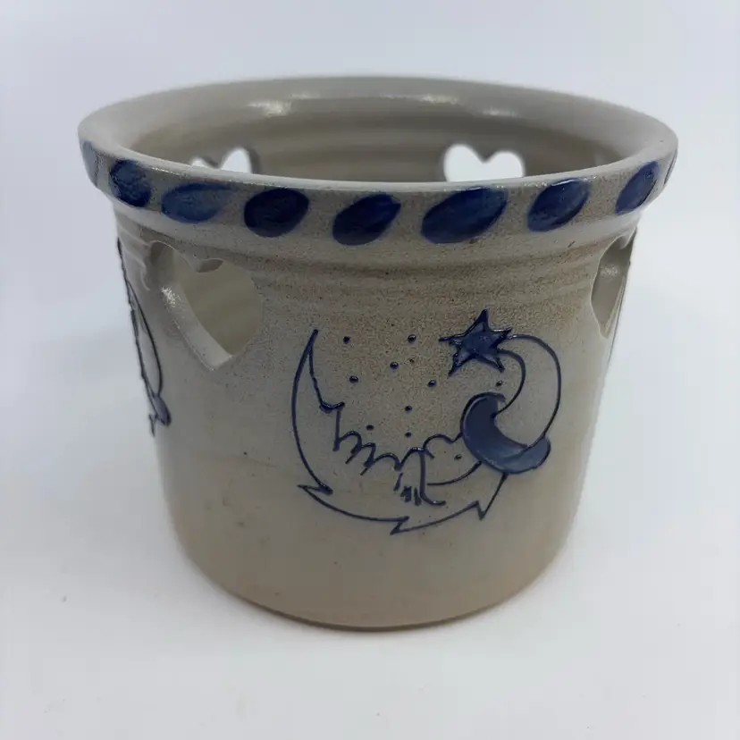 David Eldreth 1997 Signed Heart Cutout Moon Star Candle Crock 6Dia 4.5H