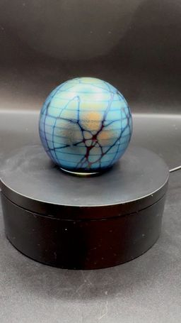 Stuart Abelman Polar Blue Veined Iridescent Art Glass Paperweight No Noted Flaws Signed 3”