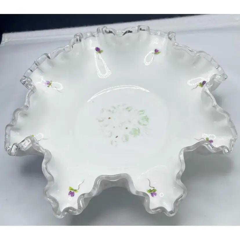 Fenton Silver Crest Violets in the Snow Milk Glass Bowl Hand Painted 1968 -1969