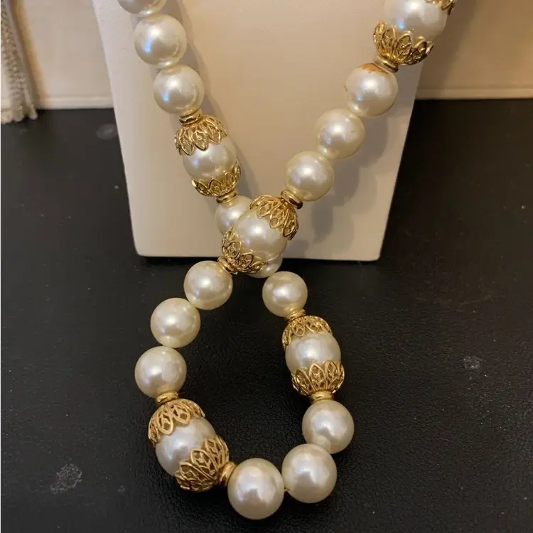 Vintage Napier Faux Pearl Necklace With Gold Accents