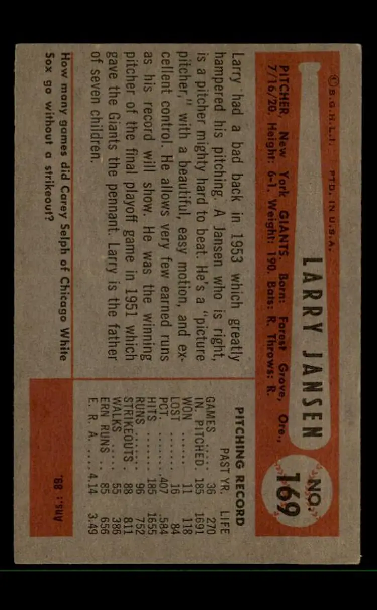 1954 Bowman #169 Larry Jansen - (pk-tl3) - New York Giants