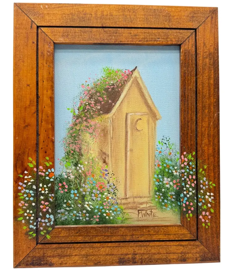Original F.White Oil Paintings of Rustic Outhouses In Wooden Frames 7.5" x 9.25"