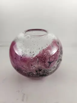 Artist Signed Norwegian Pink/Black Bubble Glass Bowl/Vase Erik Jan Thore 1991