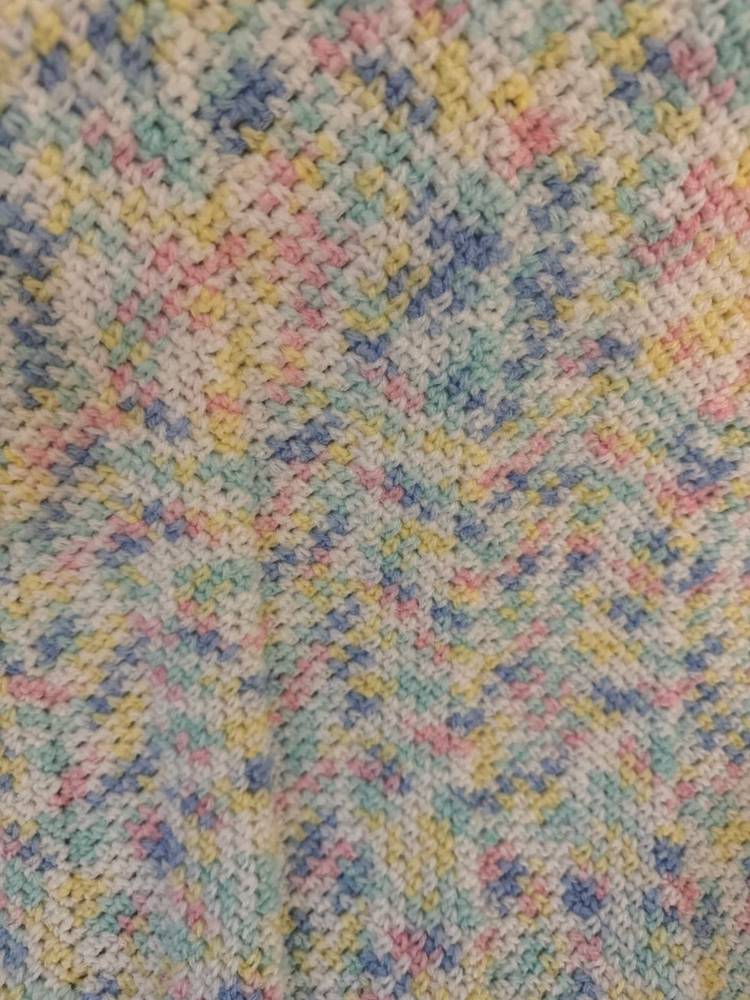 Beautiful Crocheted Baby Blanket Chevron Pattern Multi Variegated Colors Pink, Green, Yellow, White, Blue 29”x 30”