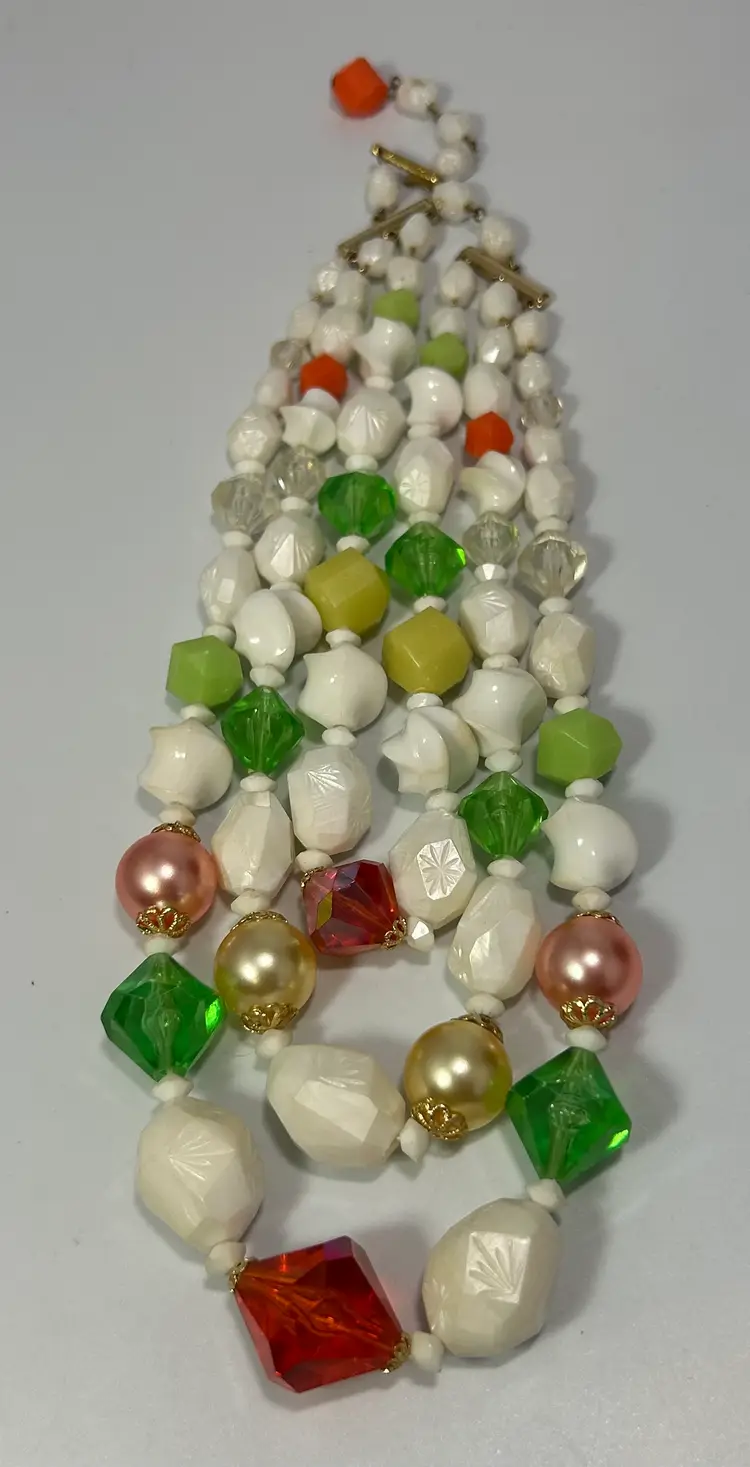 Vintage 3 String Multi Color and White Plastic Beads Hook Closure Necklace 13" Top Strand