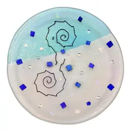 Fused Studio Art Glass Low Bowl Round Iridescent Blue Abstract Swirl 8.5”