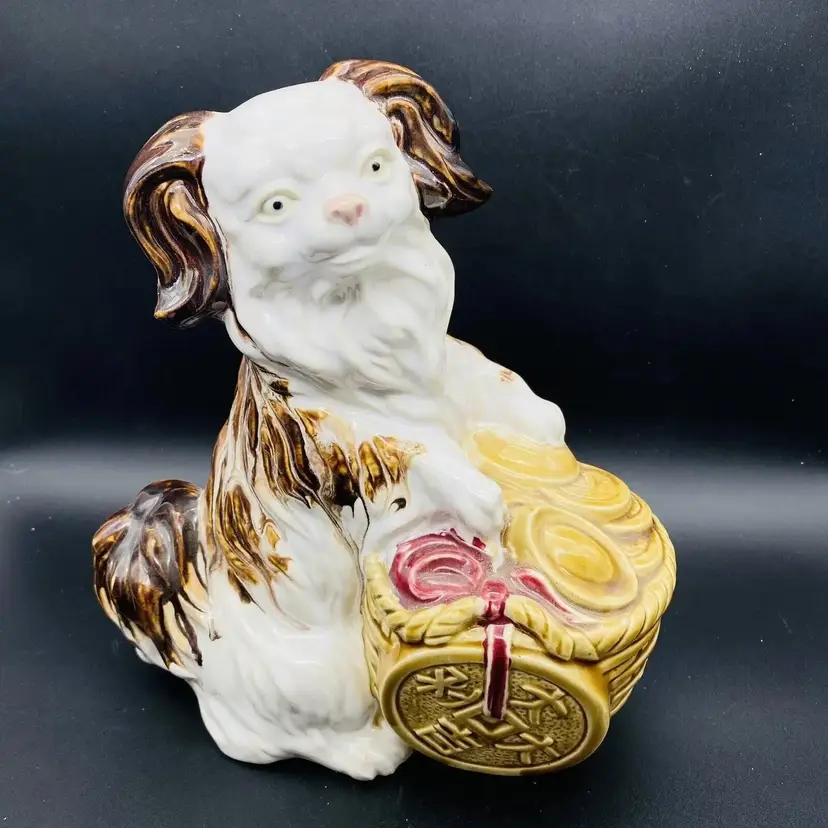 #1422 Shiwan Mantle Dog Ceramic Brown and White with Barrel Basket