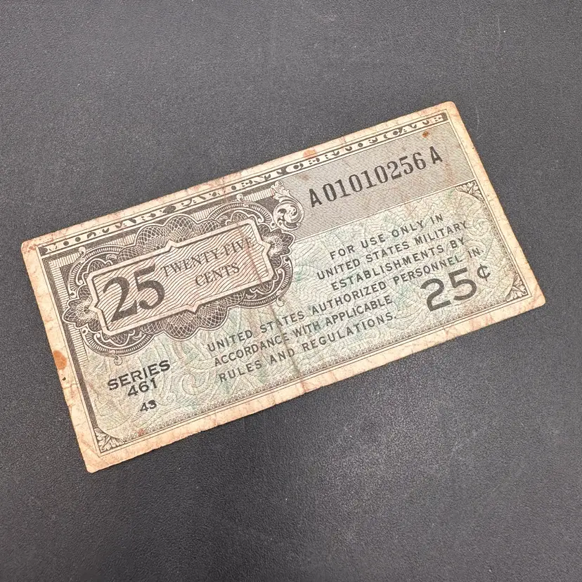 Vintage United States Military Payment Certificate 25 Cents, 1946