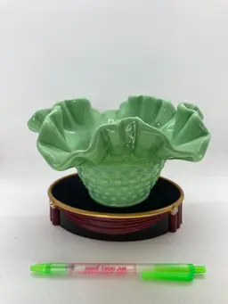 Old Kanawha Green Slag Hobnail Ruffled Bowl Or Candy Dish