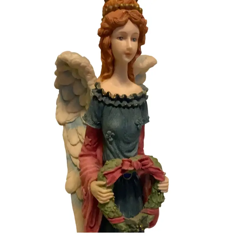 22. Gorgeous 12.5” Tall Angel Figurine Wearing Blue Dress And Holding A Beautiful Wreath
