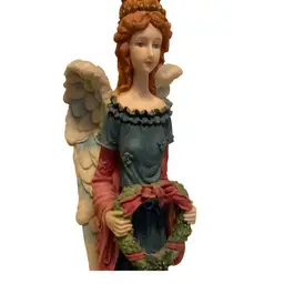22. Gorgeous 12.5” Tall Angel Figurine Wearing Blue Dress And Holding A Beautiful Wreath