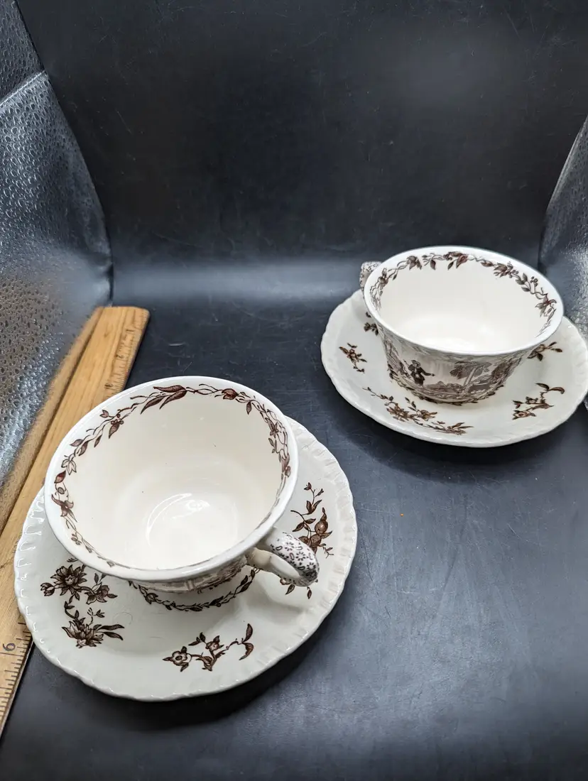 Vintage Mason Patent Ironstone Watteau Brown Cup and Saucer Set of Two