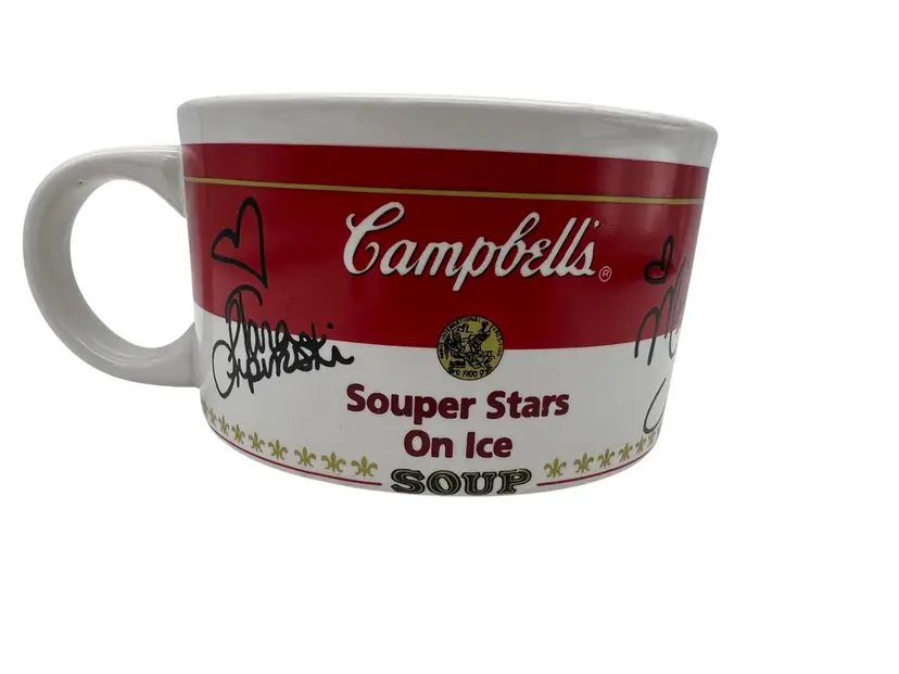 1998 Campbell’s Souper Stars On Ice Ceramic Mug w/ Tara Lipinski Michelle Kwan Bobek Signatures by Westwood Figure Skating Promo