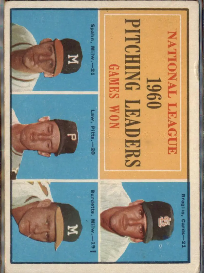 1961 Topps #47a NL Pitching LL (Broglio/Spahn/Law/Burdette) ( pk2 ) -
