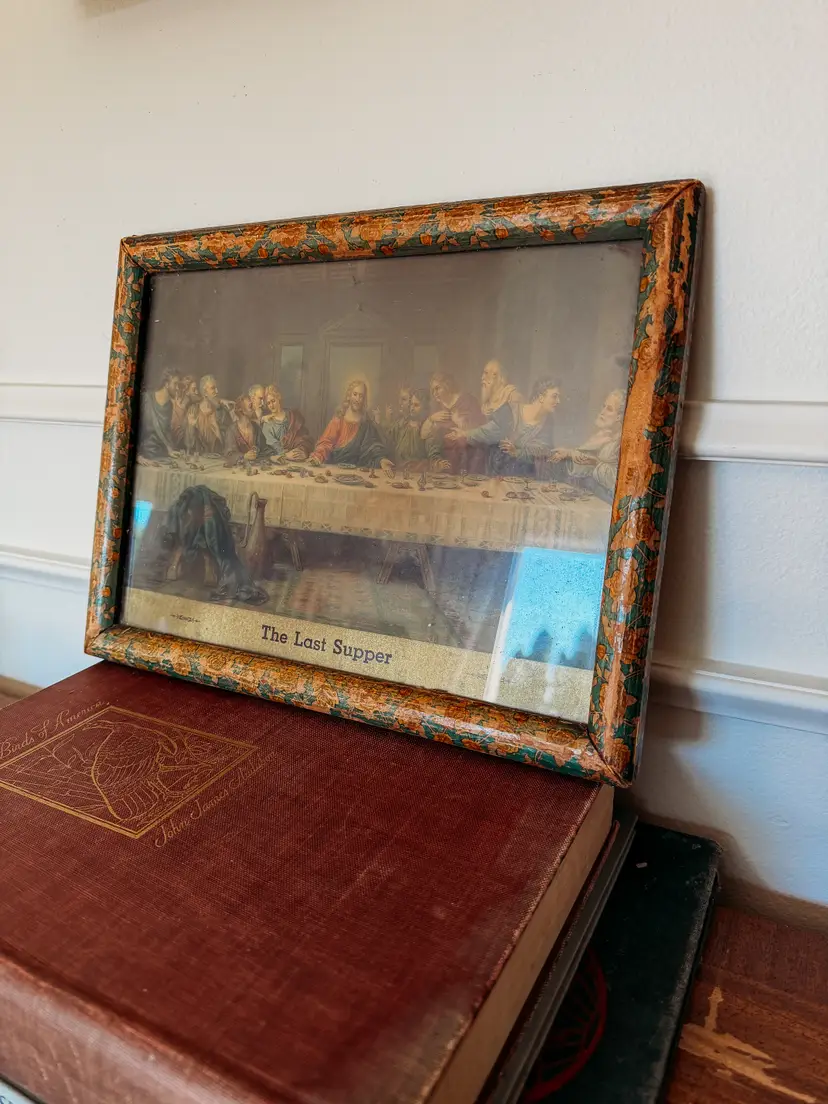 1940s William Zimmerman Floral Frame with The Last Supper
