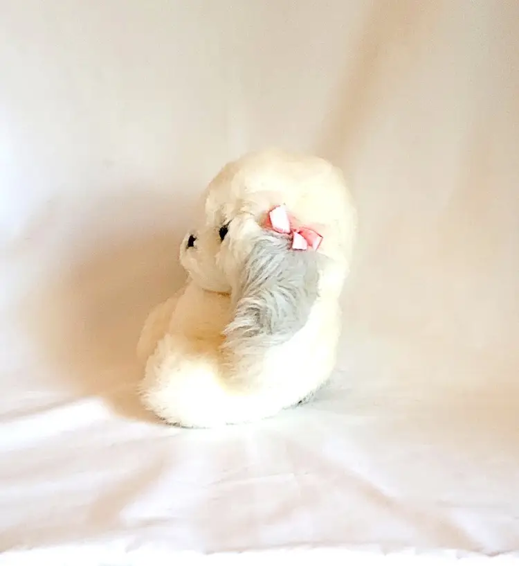 Vintage 6" White Plush Puppy – Gray Ears & Tail – Pink Bows