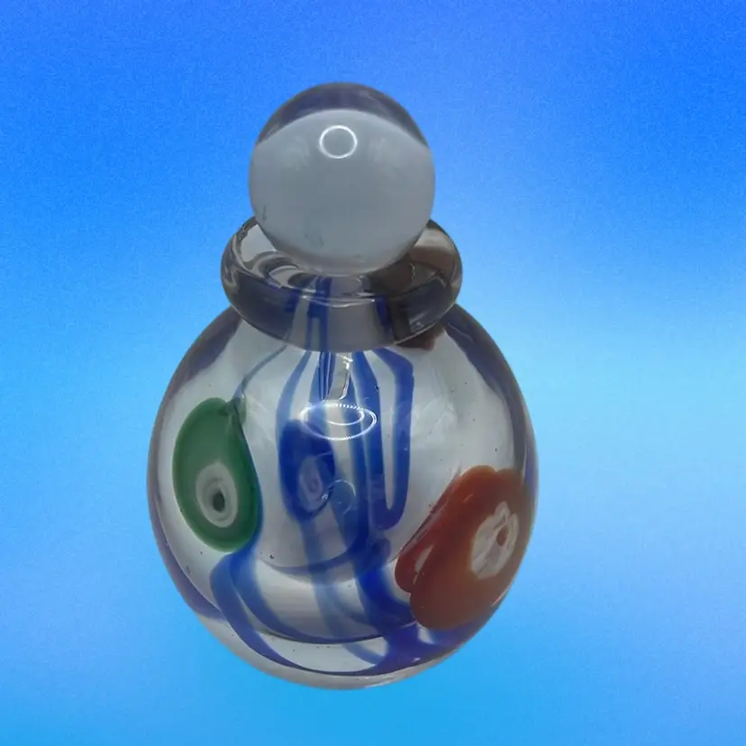 Hand Blown Art Glass Perfume Bottle With Stopper, 4” Tall