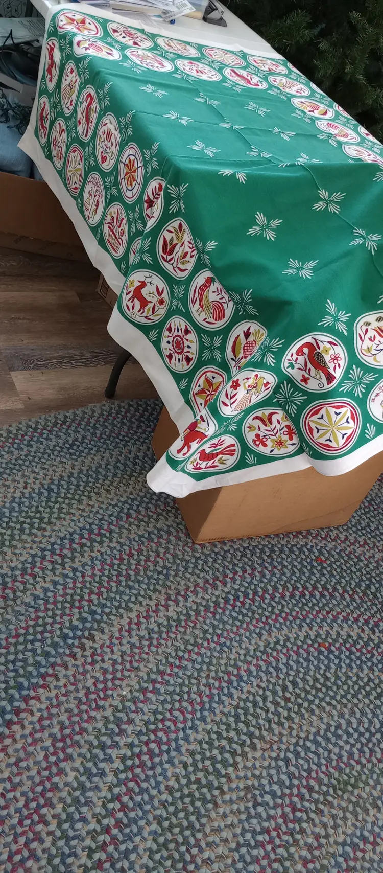 Tablecloth, Green Red & White PA Dutch motif