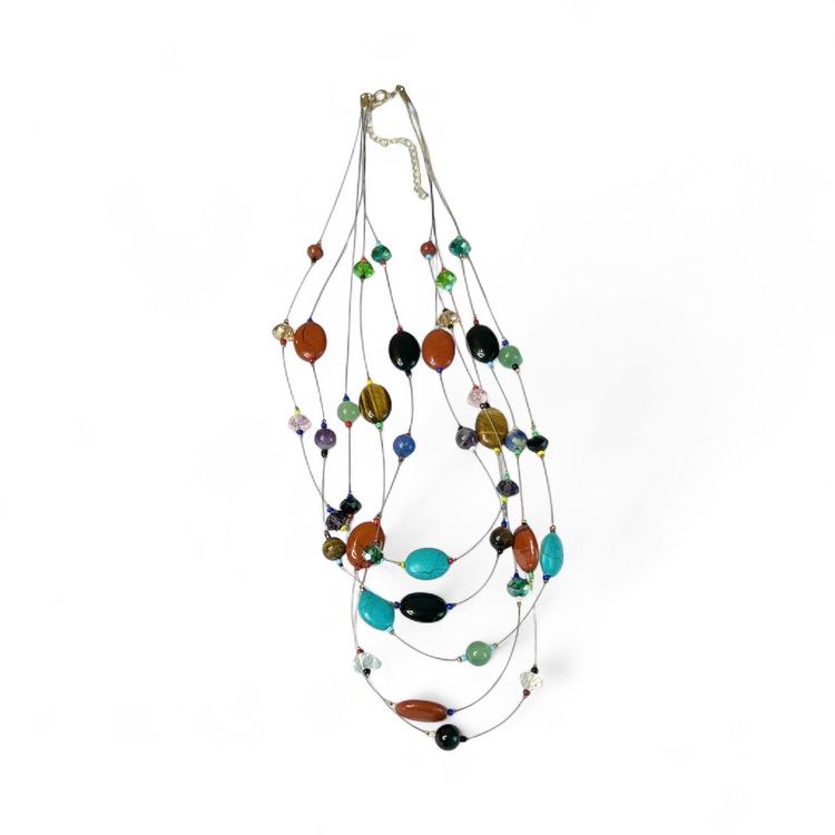 5 Strand Silver Tone Multicolored Beaded Necklace