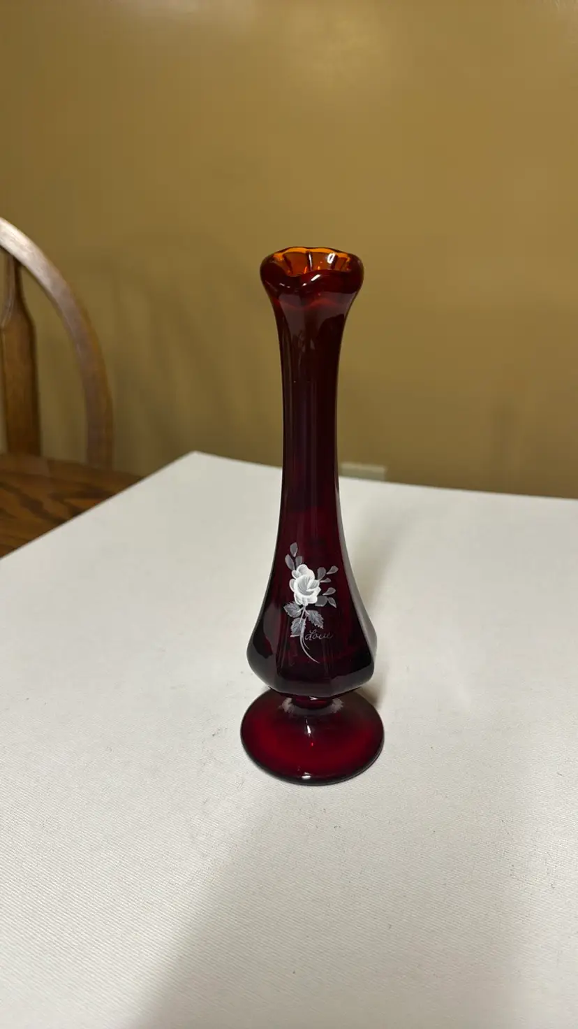 Fenton Ruby Red Swung Amberina Vase Hand Painted “Love” and Signed 7.75” tall