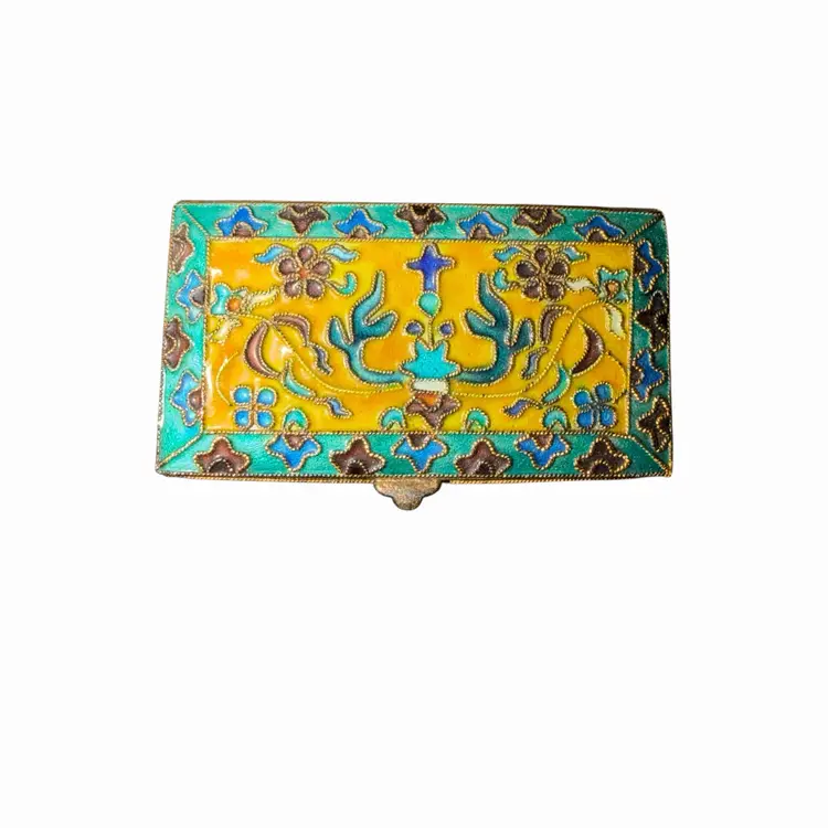 Antique Russian Cloisonné Snuff Box Enamel Trinket Box Miniature Floral Hinged Box 2”