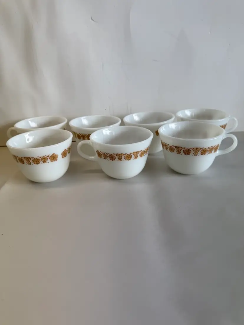 7 Vintage Pyrex Corning Ware Tea Coffee Cups Mugs Butterfly Gold W Handle