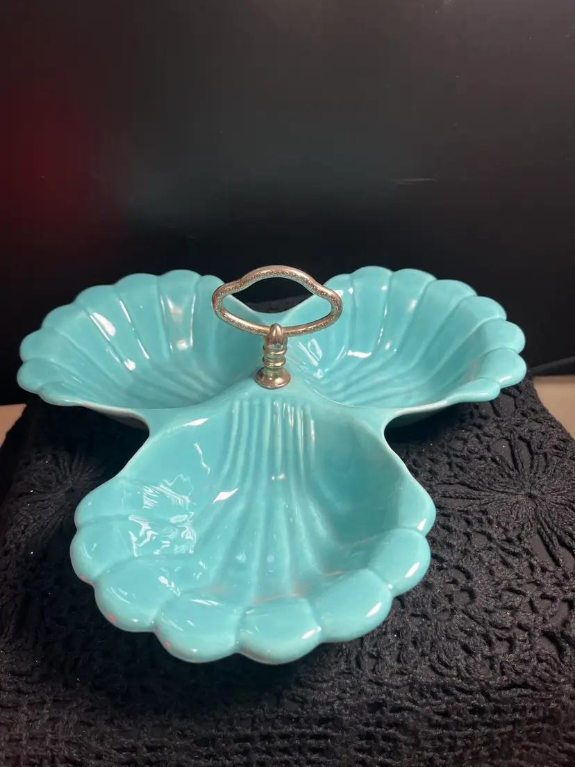 California Pottery-#41. Vintage MCM Turquoise 3 Section Divided Blue Shell Dish w/ Silver Toned Handle