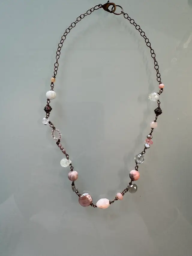 #31 Soft Pinks And Sand Colors Gemstones Pearl Glass Quartz Adorn A Brass Chain Necklace. Mix Of A Few Vintage Beads And New Add To The Interest Of Different Shapes. Artistically Made One Of A Kind Necklace 16 3/4”