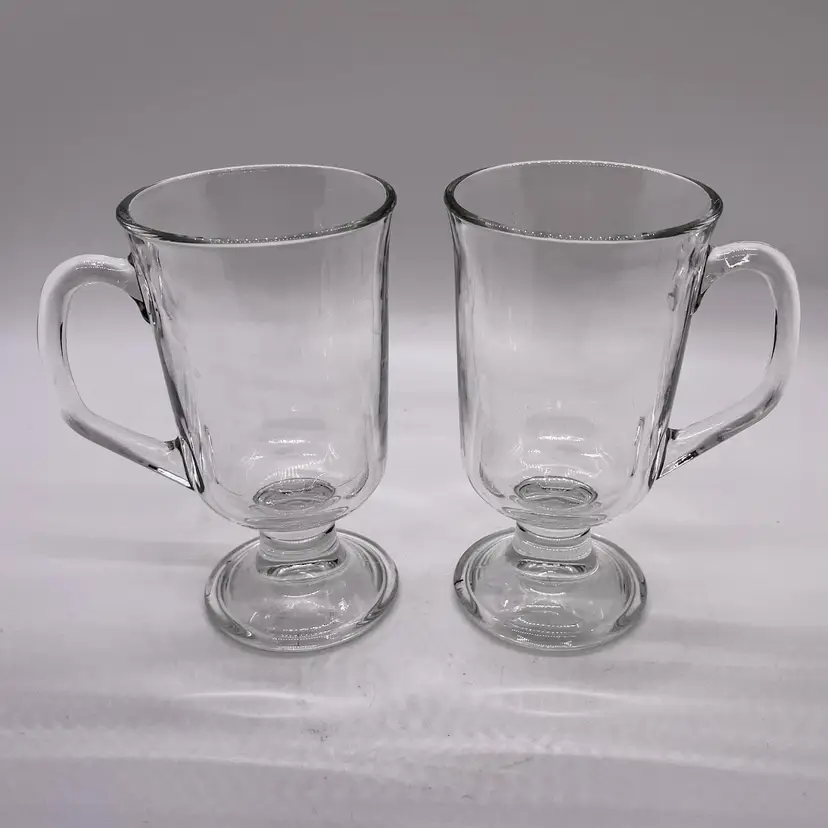 Arc France Glass Irish Coffee Cappuccino Mugs Footed Clear Glass Pair 4” Vintage