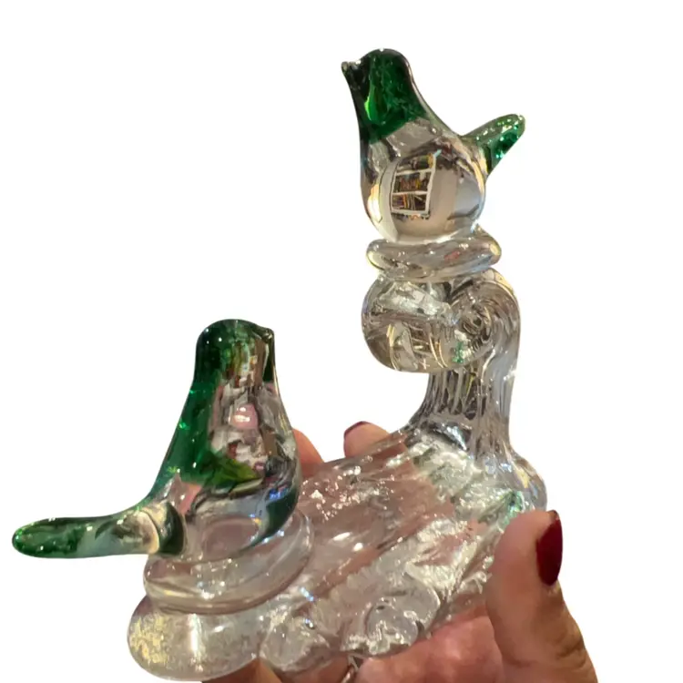 Blown Glass Clear and Green Double Birds Sculpture