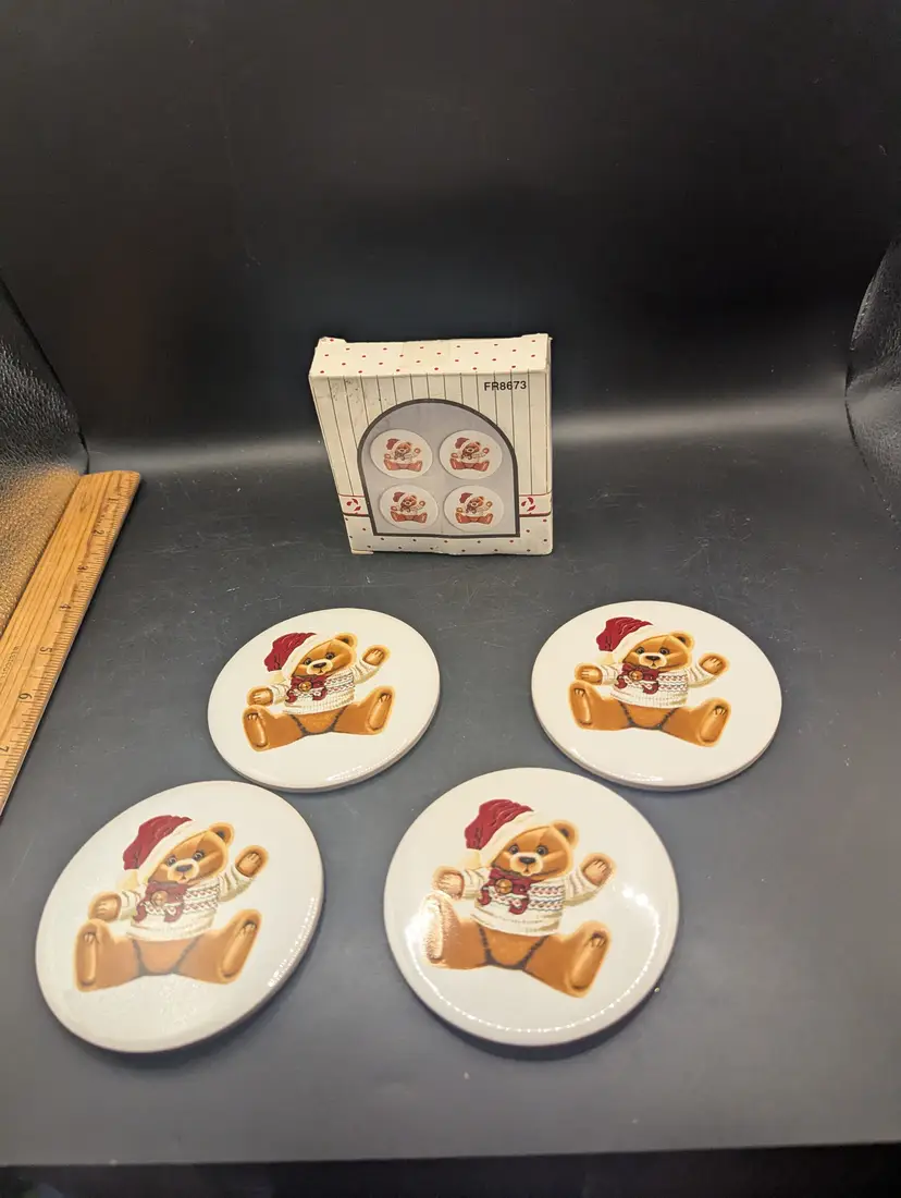 Vintage New Old Stock Wang's International, INC. Christmas Holiday Teddy Bear Santa Coasters.