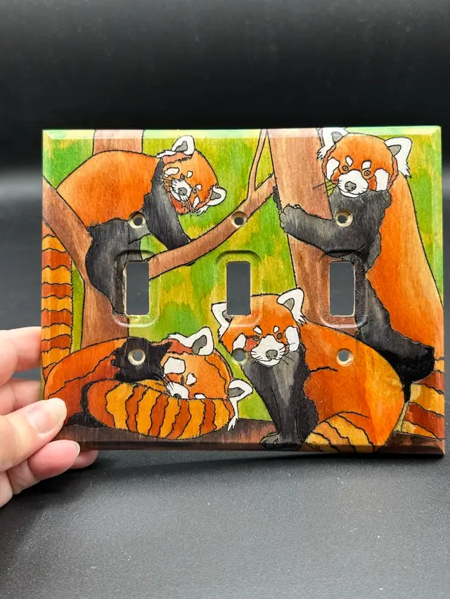 Red Panda hand painted 3 toggle light switch cover - triple lightswitch cover plate