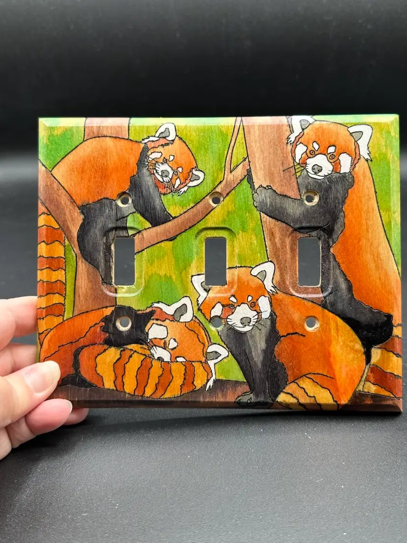 Red Panda hand painted 3 toggle light switch cover - triple lightswitch cover plate