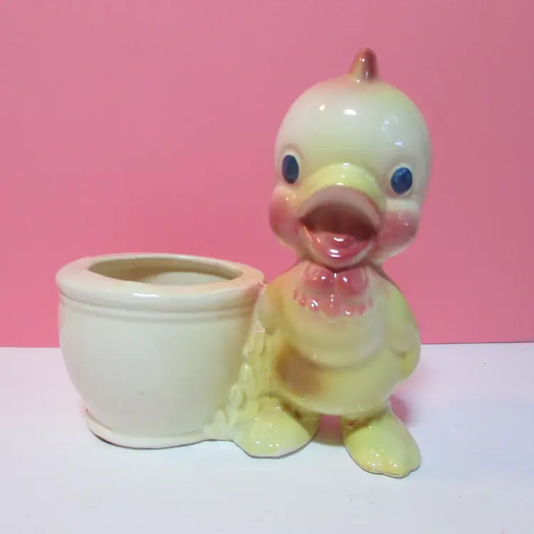 vintage yellow rooster chick duck planter holder farm kitchen country decor