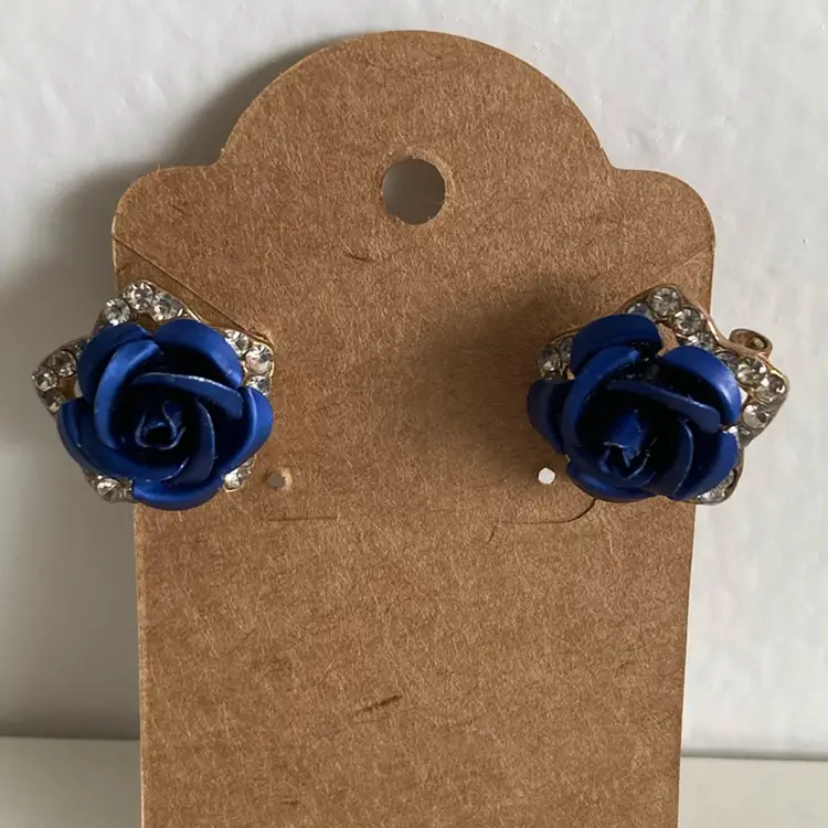 Blue Rose Gold Plated Earrings With Crystal Studded Details Vintage