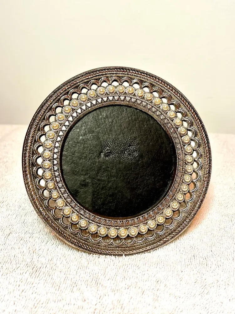Vtg Tabletop Picture Frame Shabby Chic - Baroque Oval Textured Metal Frame