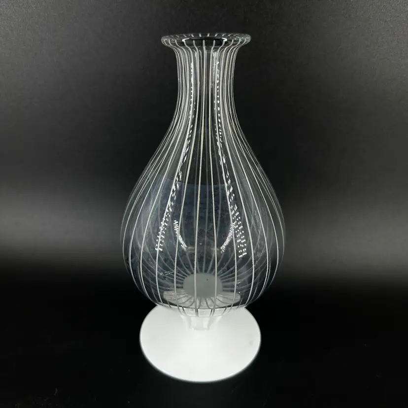 MCM White Striped Hand Blown Glass Footed Bulb Vase