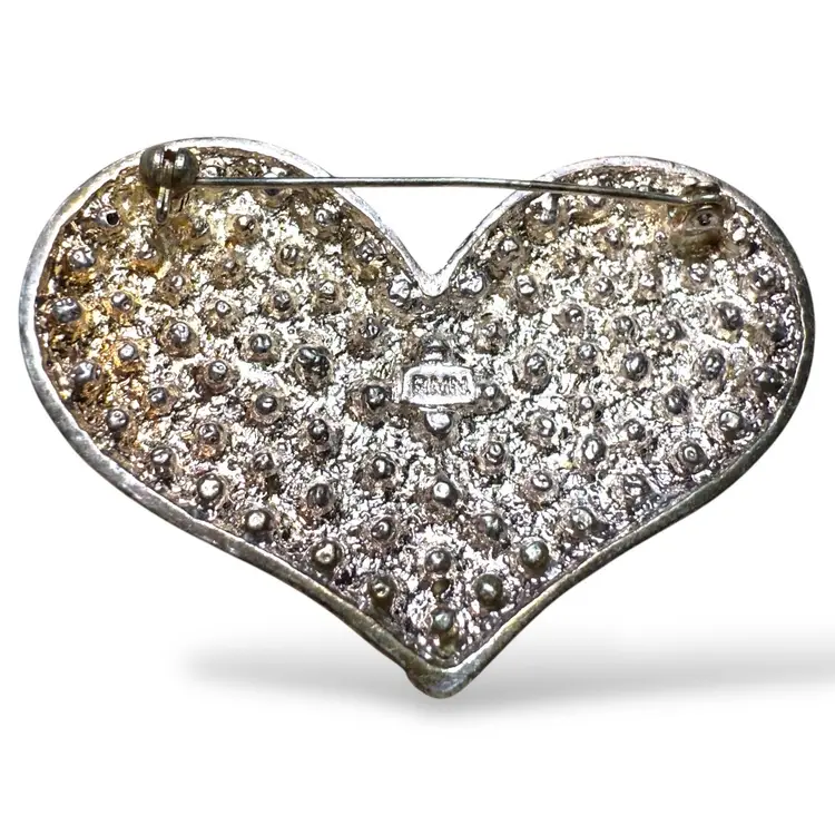 Signed RMN Clear Crystal Heart Brooch
