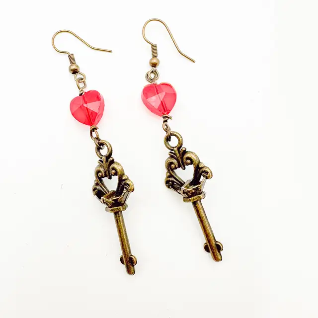 Earrings Brass Key Red Faceted Glass Heart Handmade