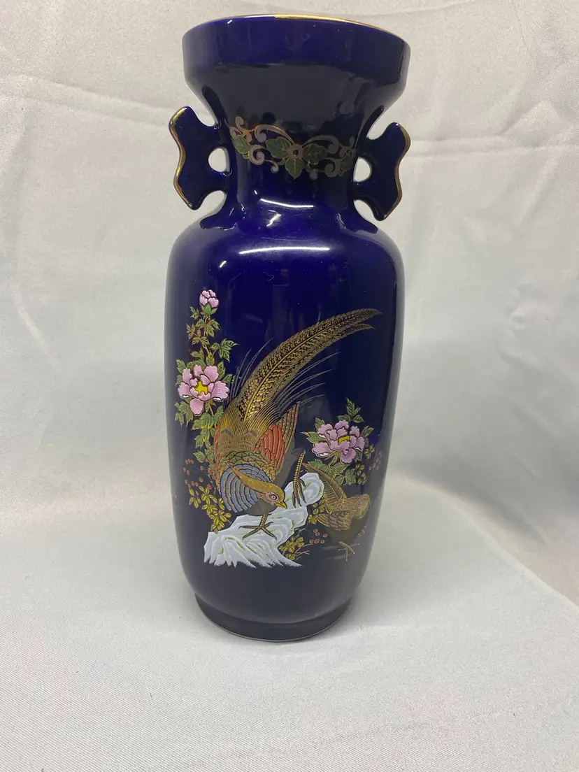 Vintage Cobalt Blue Pheasants And Flowers Vase Japan