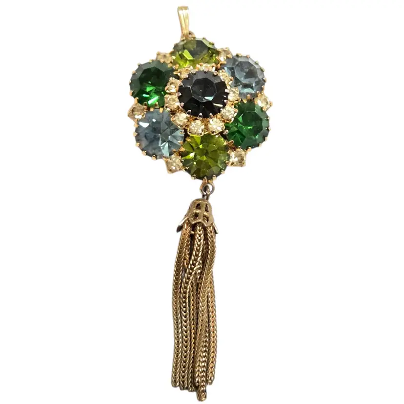 Vtg Austrian Crystal Green Stacked Flower Pendant