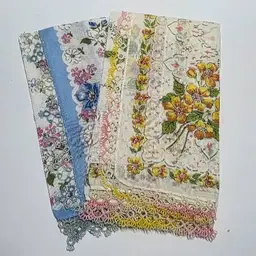 Vintage Floral Handkerchief Set Of 2 With Crocheted Edges Blue & Yellow Floral Prints Cotton 12"x12"