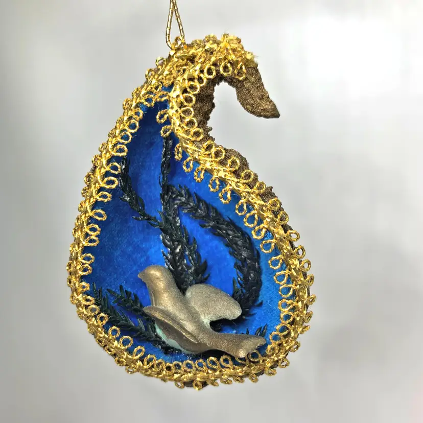 Dried Milkweed Pod Christmas Ornament Dove Gold Trim Mid Century 1960s Vintage