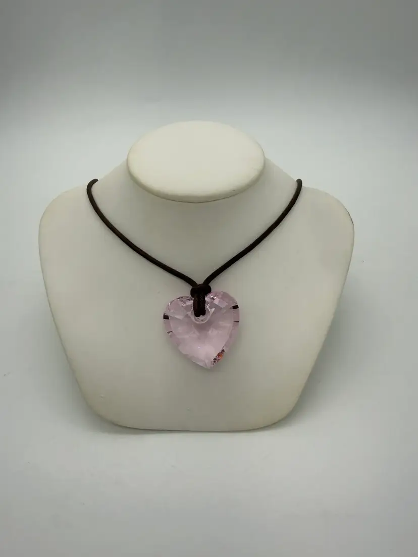 Pink Swarovski Crystal Heart Pendant Brown Corded Necklace “LOVE” Engraved Vtg.