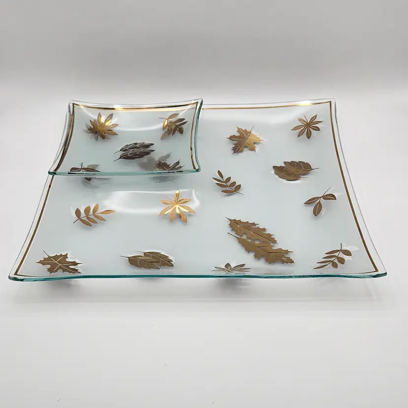Libbey Glass Company Golden Foliage Square Tray and Small Dish Vintage